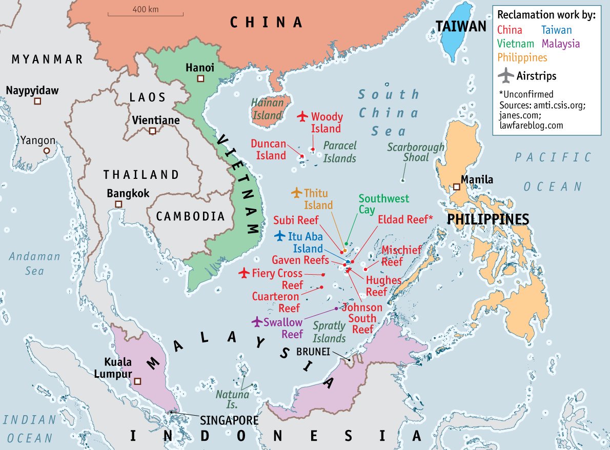 The South China Sea maps: Exclusive Economic Zones, Reef building, Oil and gas reserves.  