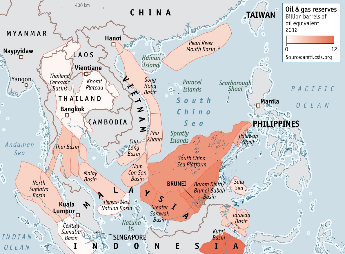 The South China Sea maps: Exclusive Economic Zones, Reef building, Oil and gas reserves.  