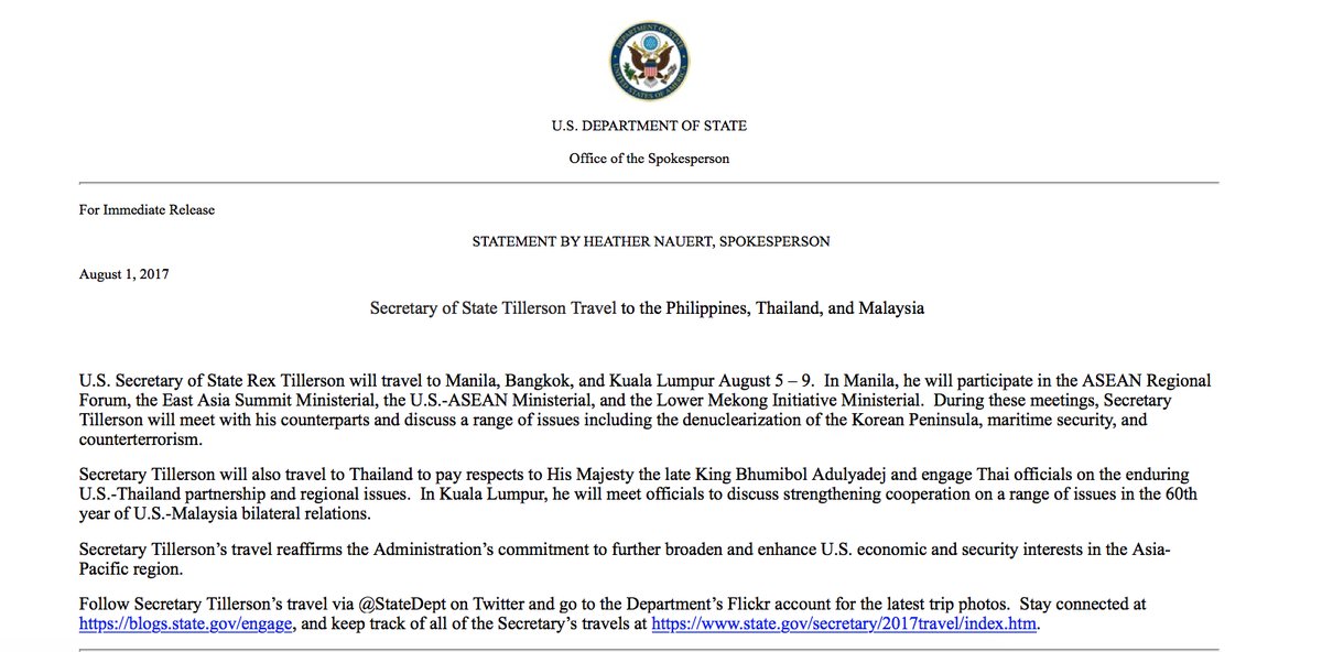 In Thailand, Secretary of State Tillerson will pay respects to the late King and meet with Thai Junta officials.  