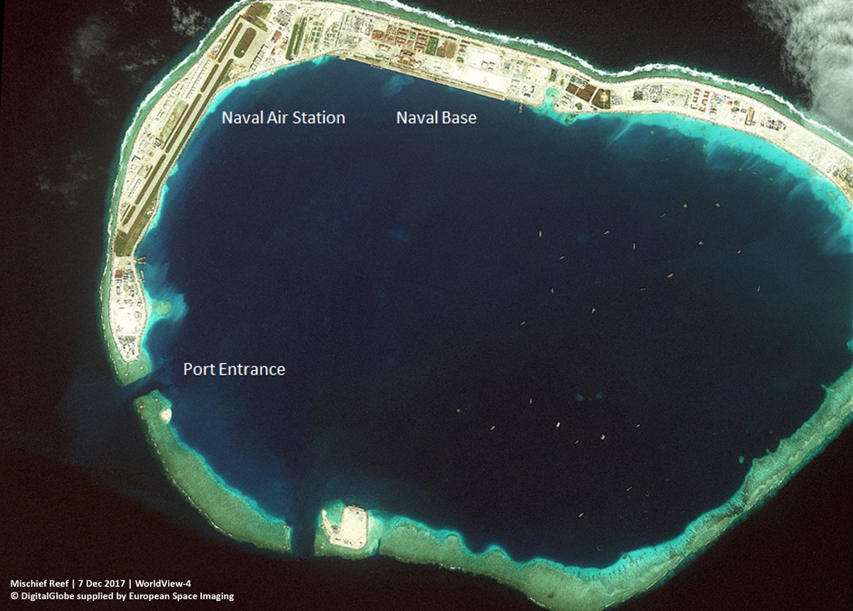 Recent 0.30m satellite images supplied and analysed by @EUSPACEIMAGING reveal construction of military bases in the contested Spratly Island have been completed. This refutes China's claim not to militarise the artificial islands in the South China Sea.    