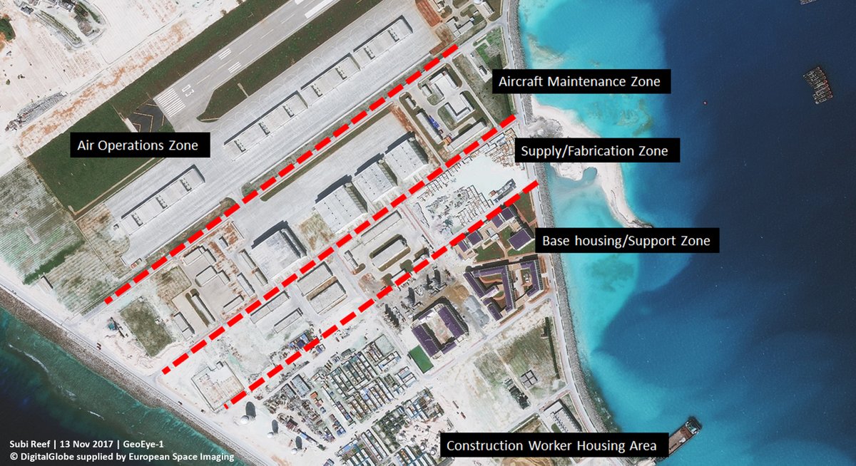 Recent 0.30m satellite images supplied and analysed by @EUSPACEIMAGING reveal construction of military bases in the contested Spratly Island have been completed. This refutes China's claim not to militarise the artificial islands in the South China Sea.    