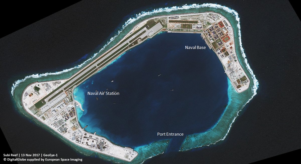 Recent 0.30m satellite images supplied and analysed by @EUSPACEIMAGING reveal construction of military bases in the contested Spratly Island have been completed. This refutes China's claim not to militarise the artificial islands in the South China Sea.    