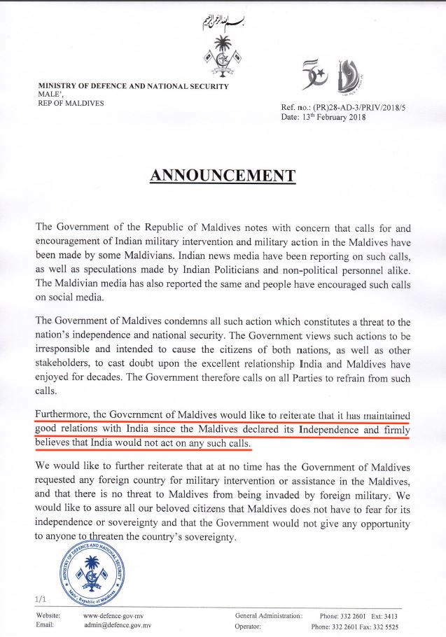 Two diplomatic sources have confirmed this statement from Maldives defence ministry is basically a warning to India to not take any step towards military intervention.   