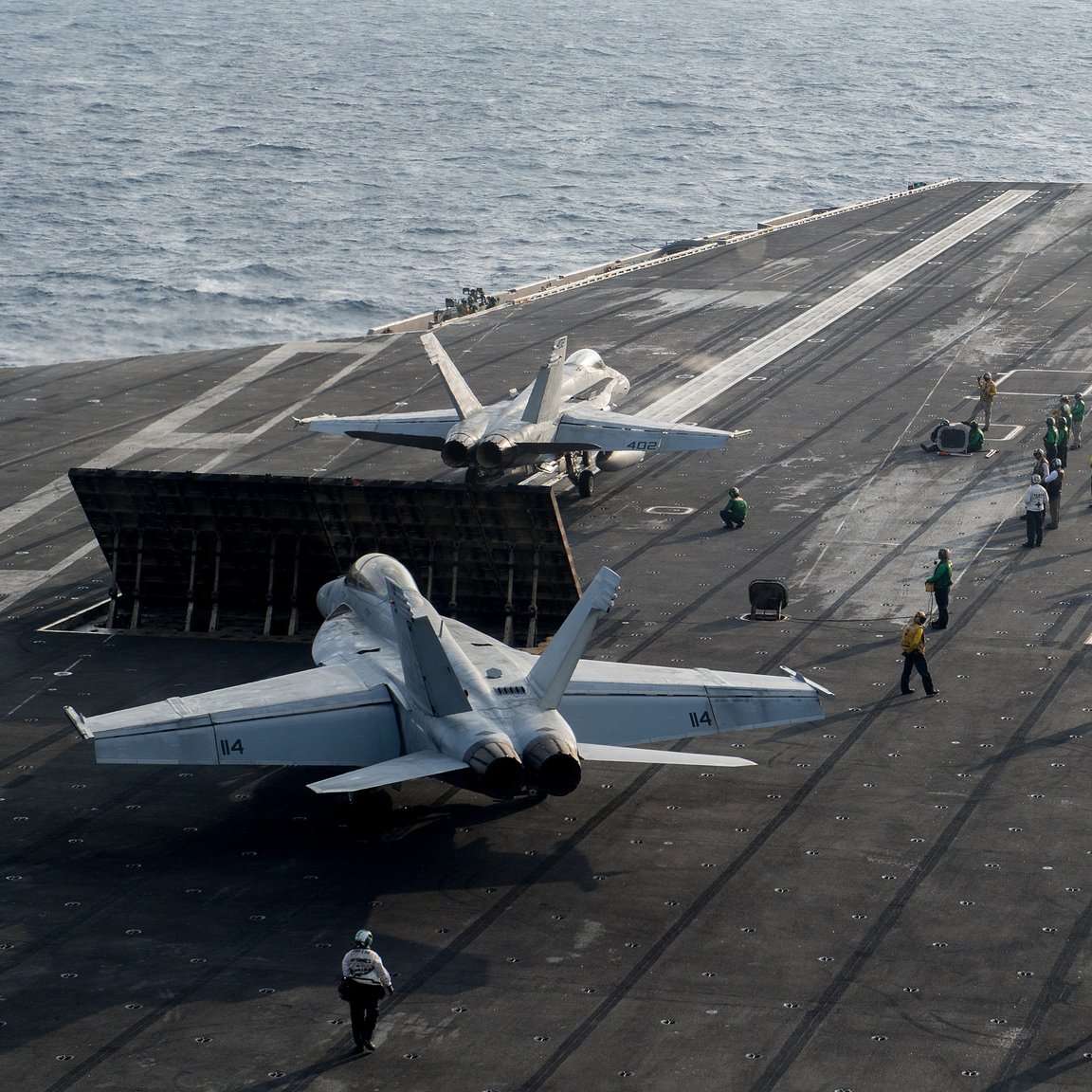 Aircraft from Carrier Air Wing 2 take to the skies above USSCarlVinson during recent flight operations in the South China Sea as part of the Carl Vinson Strike Group's continuing deployment in the Western Pacific. 