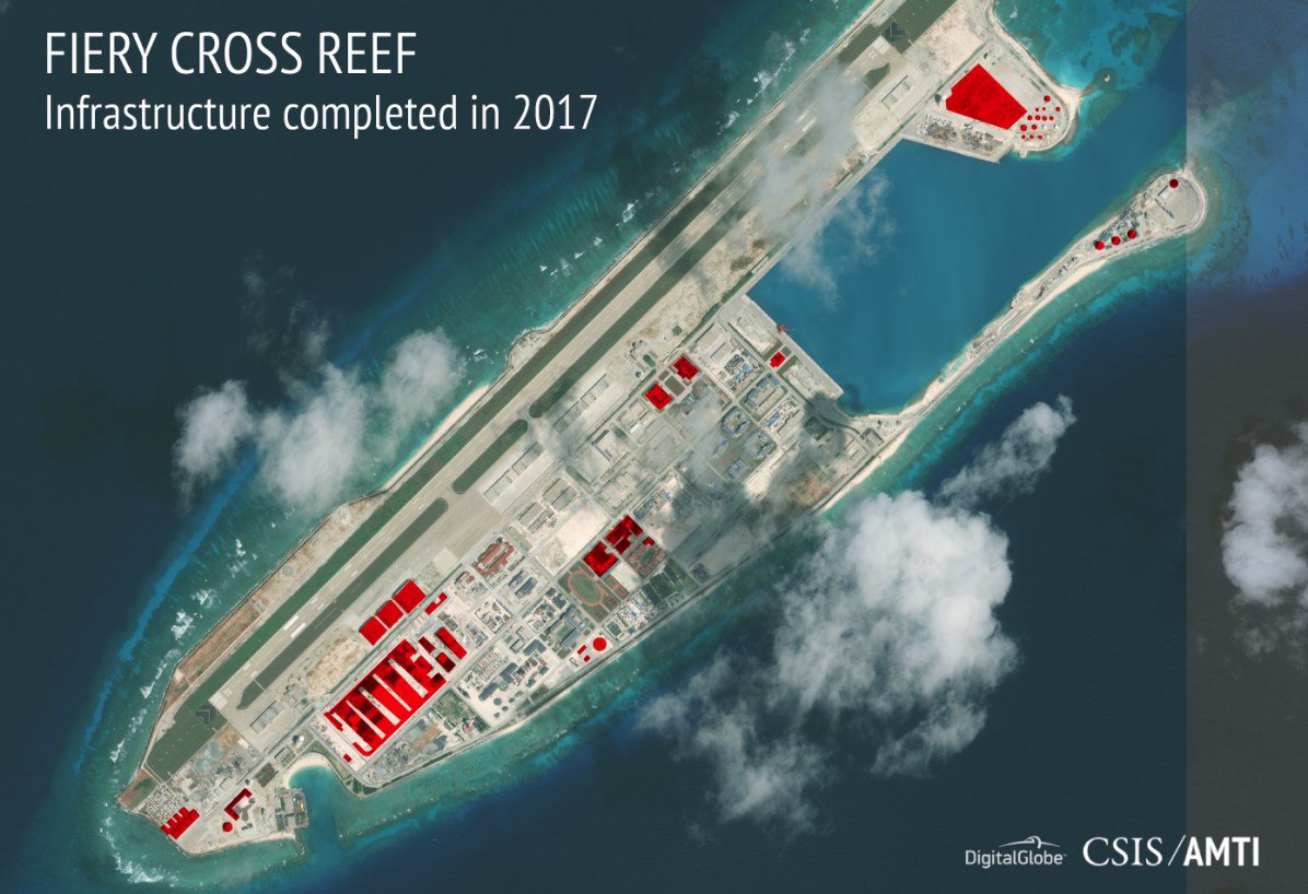 Fiery Cross Reef saw more construction than any other South China Sea features in the past year, with new buildings covering 27 acres
