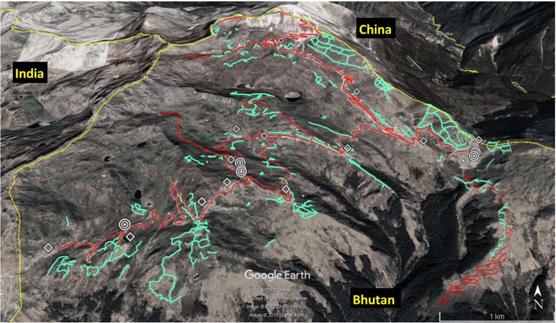 Helpful analysis of new developments at Doklam: In the satellite image above, light turquoise lines mark new trench lines, while red lines mark new roads and old roads widened or otherwise improved    