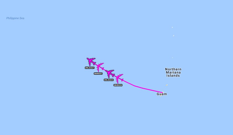 USAF B-52H's HERO01 and HERO02 departed Andersen AFB, Guam routing to the South China Sea.  USAF KC-135R's ZELDA21 and ZELDA22 are providing initial AAR Support   