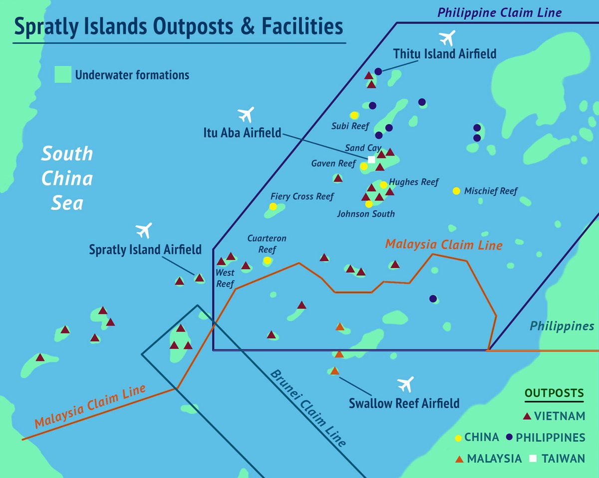 Now: USAF B-52H's DIPLO01 and 02 are passing directly overhead the disputed Spratly Islands in the South China Sea while en-route to Andersen from Diego Garcia.   