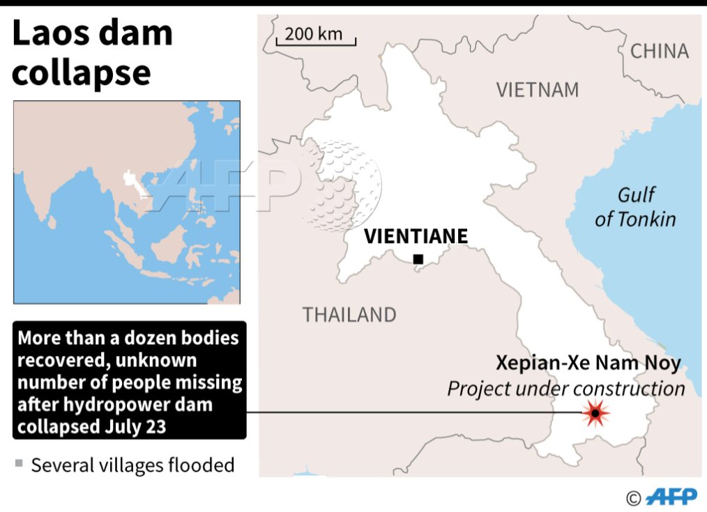 17 bodies are recovered after flash floods caused by a dam breach in southern Laos, a Thai consular official at the scene says, adding 'but we cannot estimate the number of missing yet'   