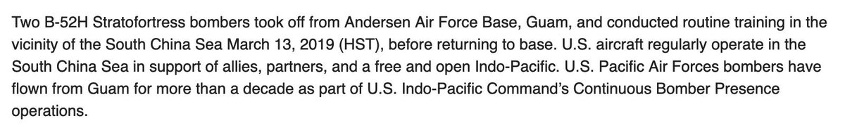@PACAF confirms in an email that 2 Two B-52H Stratofortress bombers took off from Andersen Air Force Base, Guam, and conducted routine training in the vicinity of the SouthChinaSea March 13, 2019 (HST). (2nd bomber mission in SCS this month.)   