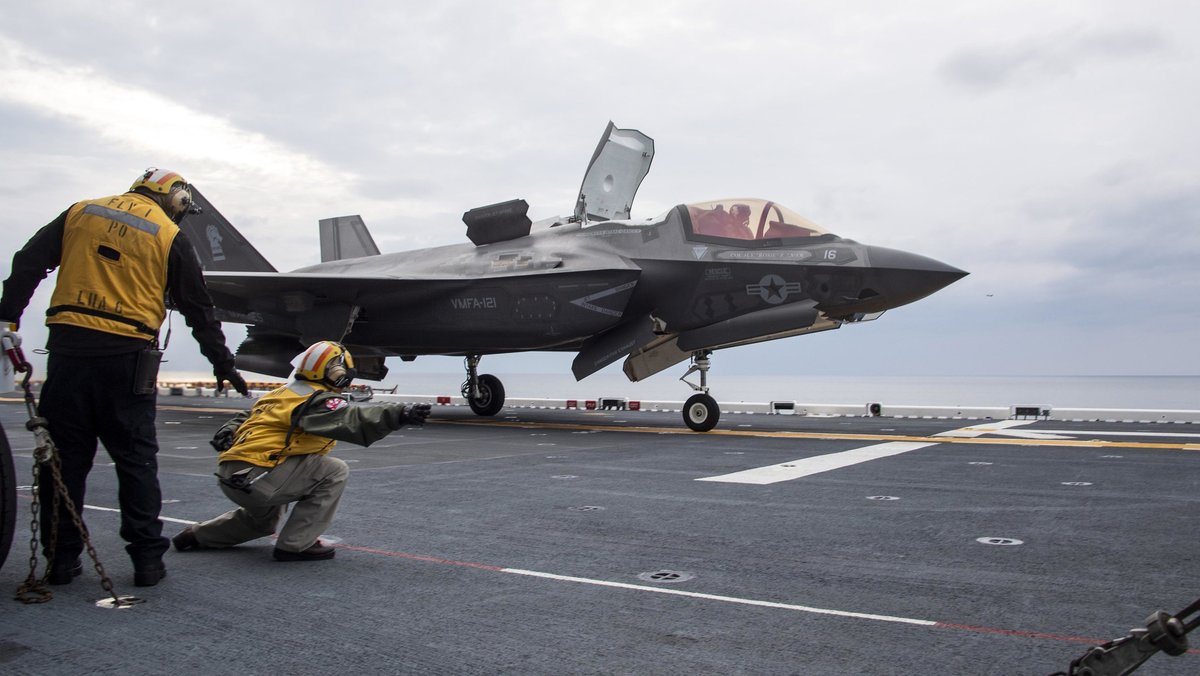 F-35B Lightning II Joint Strike Fighters from Marine Fighter Attack Squadron VMFA121 conduct flight operations aboard #USSAmerica in the East China Sea on Saturday.