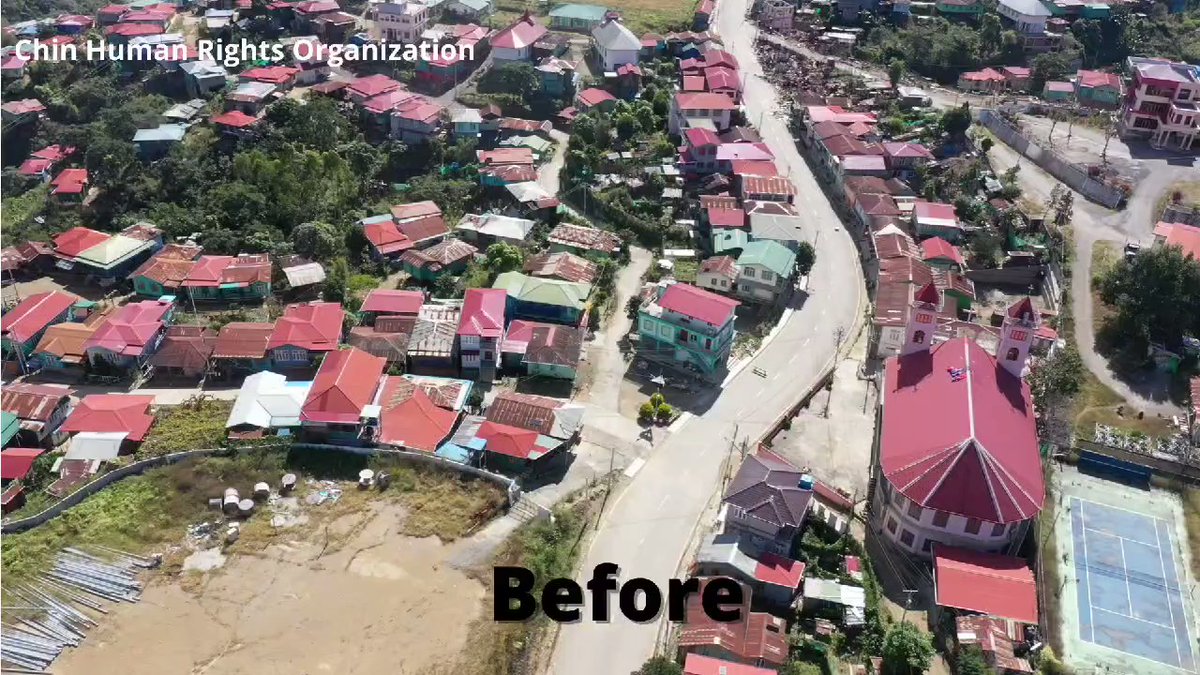 The before & after footage of Thantlang shows the extent of devastation from the latest arson attacks by junta troops on January 3. Parts of the neighborhood that survived the first large-scale attacks on Sept 18 have been wiped out with over 40 houses & 2 churches burnt to ashes