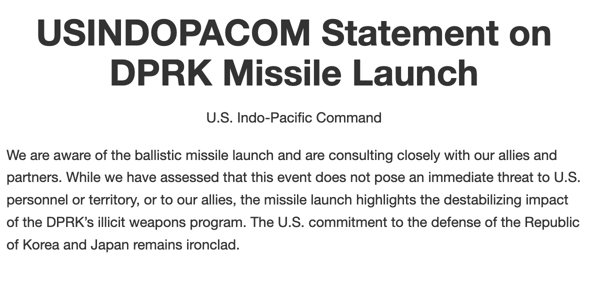 .US/@INDOPACOM response to North Korea's  latest launch of ballistic missiles Friday  Calls launch destabilizing although this event does not pose an immediate threat to U.S. personnel or territory, or to our allies