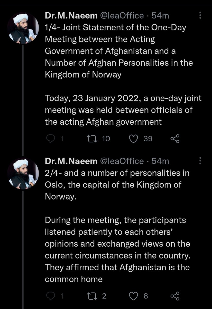 Taliban spox has posted a joint statement on the first day of meetings held in Oslo, Norway