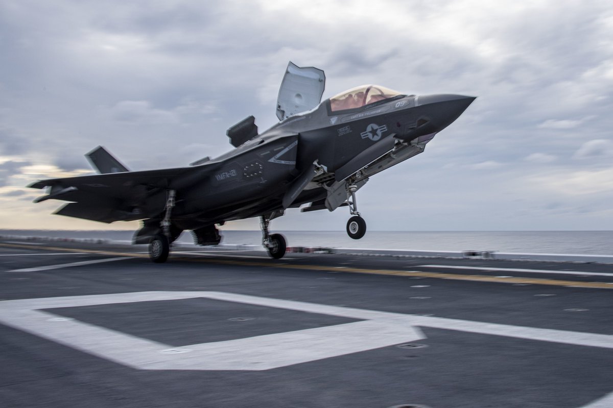 Both types of US Marine Corps F-35 Joint Strike Fighters now operating in the western Pacific: 1st 2 show an F-35B STOVL of VMFA-121 flying off assault ship AMERICA LHA6 27 Jan in the South China Sea; then an F-35C of VMFA-314 on carrier ABRAHAM LINCOLN CVN72 21 & 28 Jan