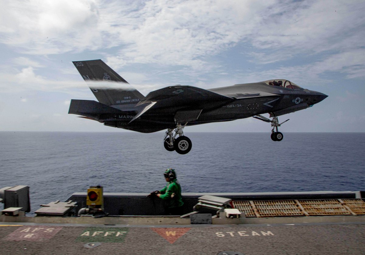 Both types of US Marine Corps F-35 Joint Strike Fighters now operating in the western Pacific: 1st 2 show an F-35B STOVL of VMFA-121 flying off assault ship AMERICA LHA6 27 Jan in the South China Sea; then an F-35C of VMFA-314 on carrier ABRAHAM LINCOLN CVN72 21 & 28 Jan