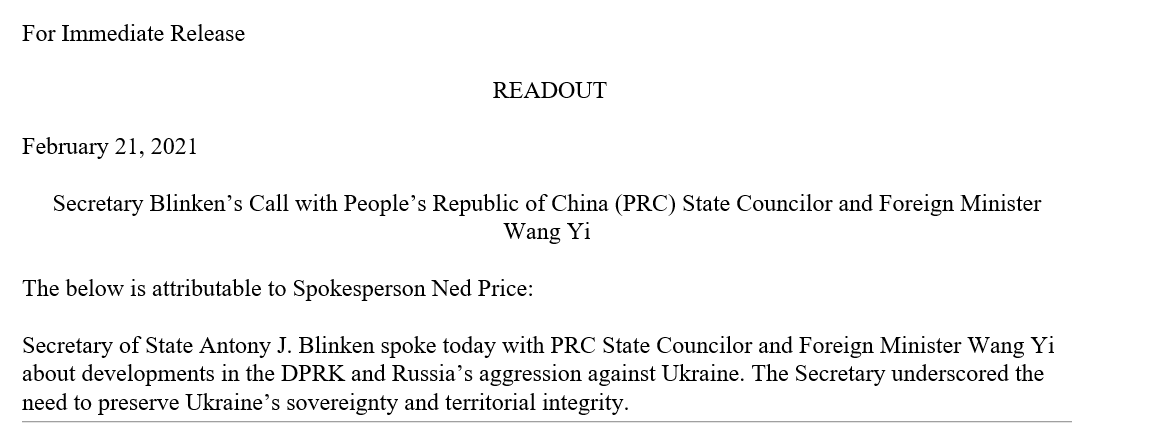 Secretary of State Tony Blinken spoke with his Chinese counterpart Wang Yi about developments in North Korea and Russia's aggression against Ukraine, according to a very brief readout from the State Department