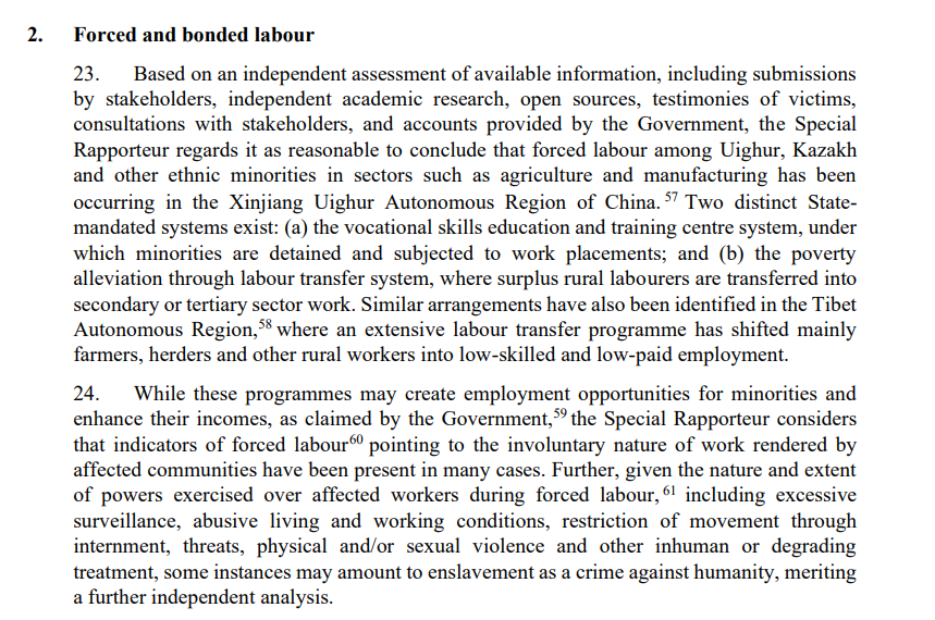 Today the UN Special Rapporteur on Slavery, @TomObokata released a report to the UN Human Rights Council ahead of the 51st sitting, that concludes that forced labor is occurring in Xinjiang in several sectors which may constitute enslavement as a crime against humanity