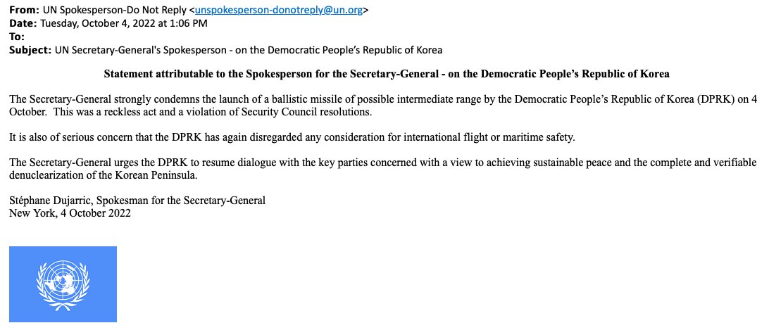 DPRK ballistic missile that flew over Japan was a reckless act and a violation of Security Council resolutions, says @StephDujarric, spokesman for @antonioguterres