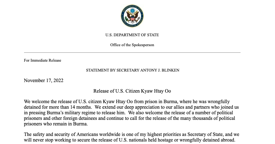 We welcome the release of U.S. citizen Kyaw Htay Oo from prison in Burma, where he was wrongfully detained for more than 14 months, says @SecBlinken in a statement