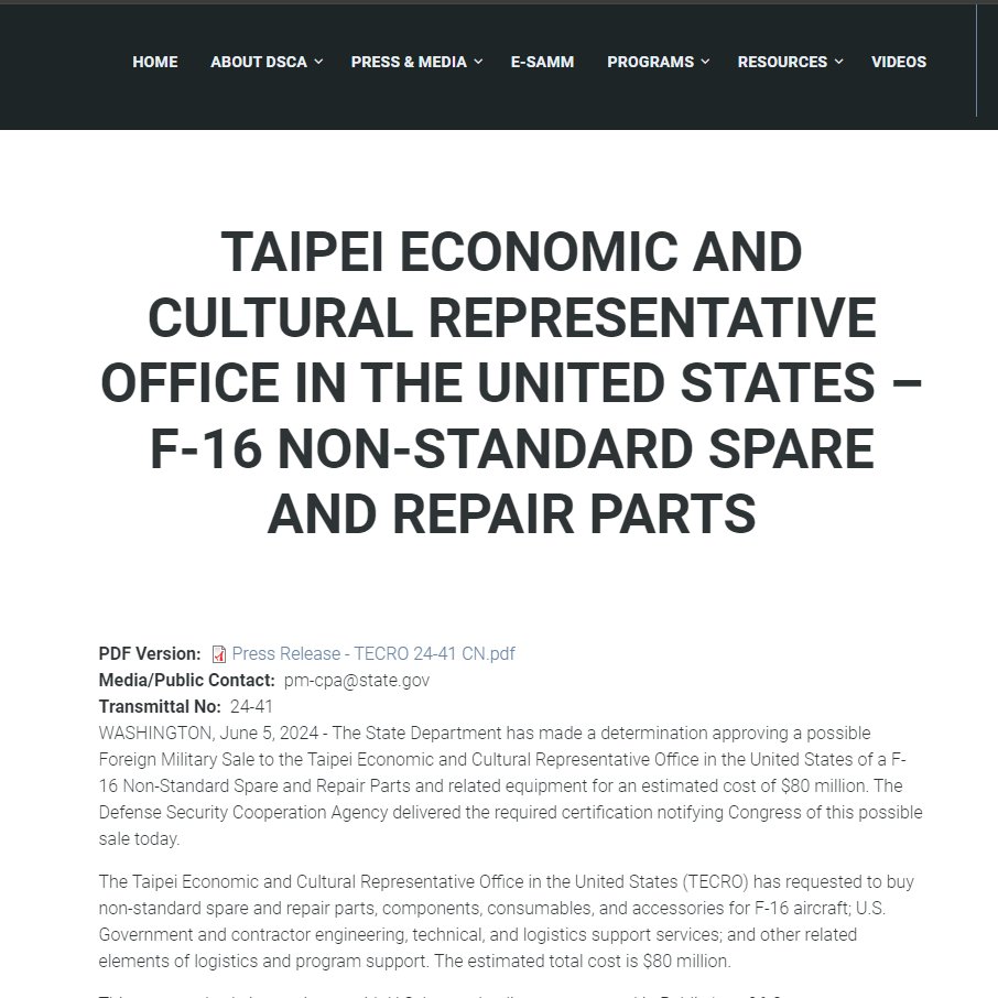.@StateDept authorizes a Foreign Military Sales FMS case to @TECRO_USA Taiwan for F-16 Non-Standard Spare & Repair Parts and related equipment for an estimated cost of $80 million