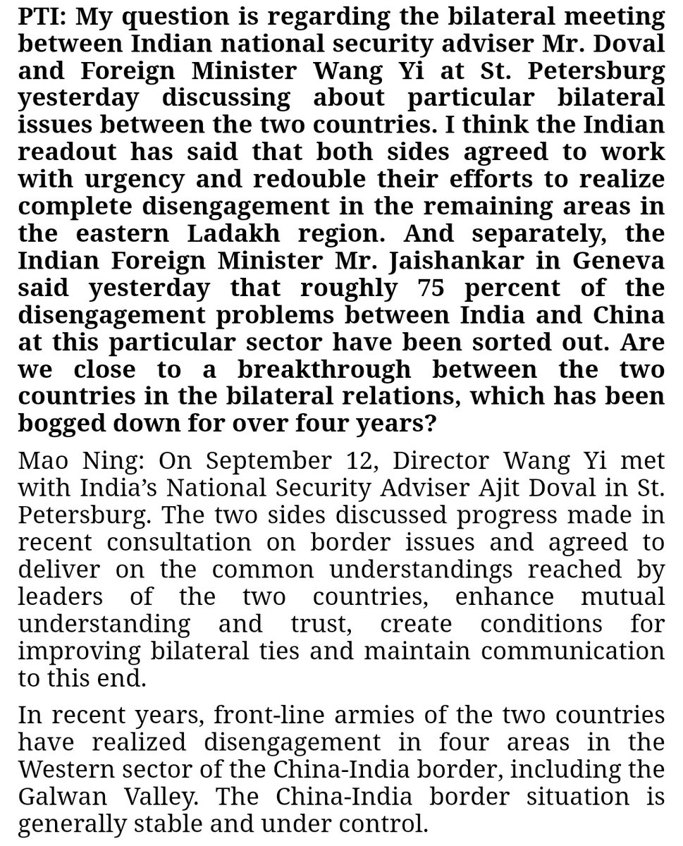 Le ministère chinois des Affaires étrangères a déclaré que les armées de première ligne de l'Inde et de la Chine avaient  réalisé un désengagement dans quatre zones  dans le secteur occidental de la frontière sino-indienne, y compris la vallée de Galwan