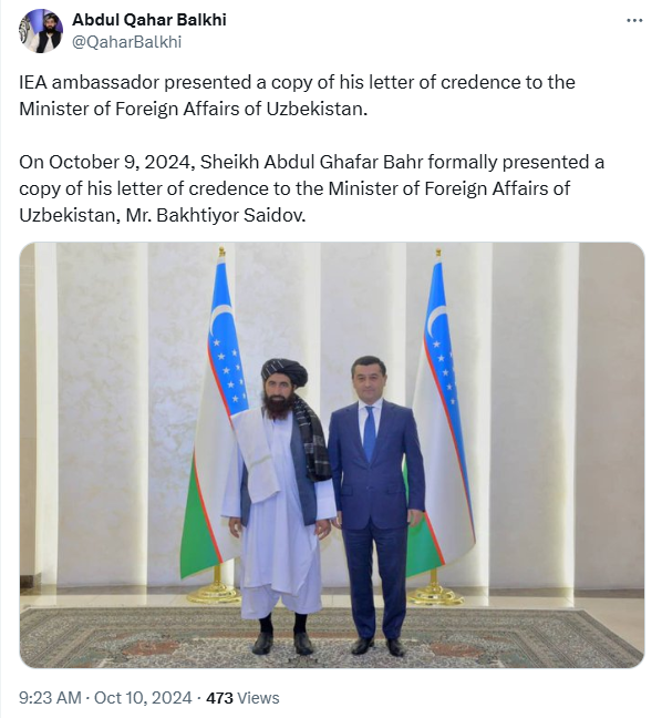 The Taliban's spokesperson for the Ministry of Foreign Affairs announced that the IEA ambassador has submitted a copy of his letter of credence to Uzbekistan's Minister of Foreign Affairs.