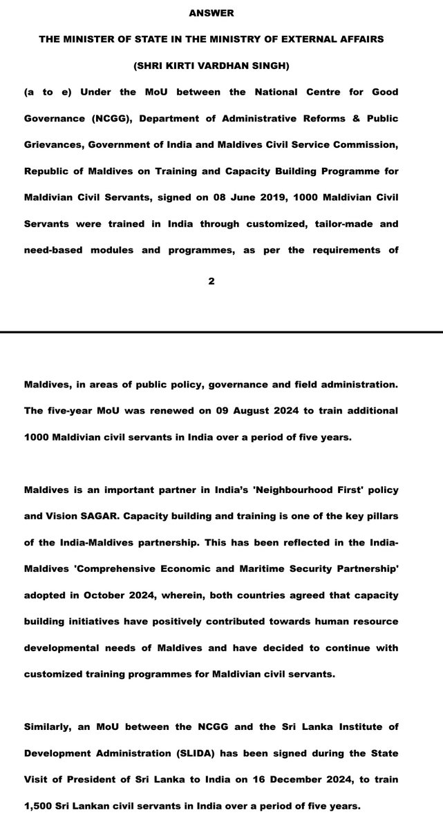 India to train 1000 Maldives civil servants, 1500 Sri Lankan civil servants in next 5 years, MEA MOS Kirti Vardhan Singh tells Parliament