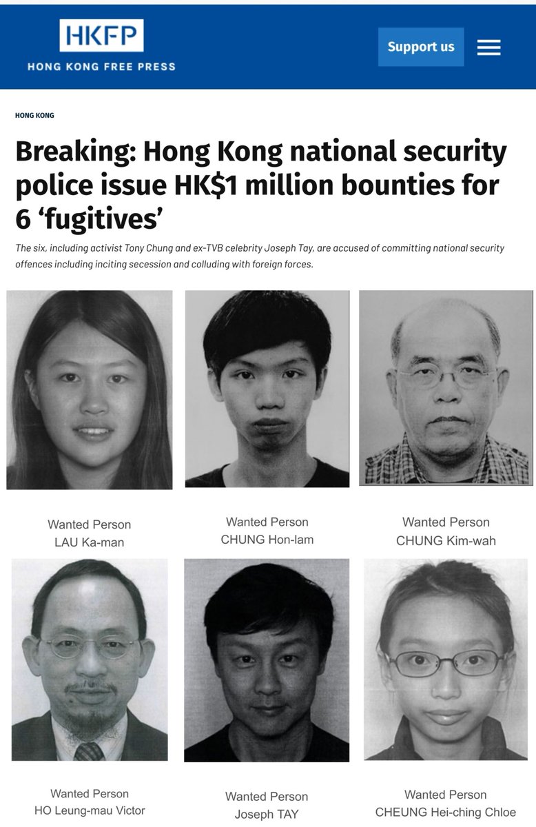 Hong Kong national security police have issued a fresh round of arrest warrants for six people living overseas — including activists Carmen Lau, Tony Chung and Chloe Cheung; as well as former pollster Chung Kim-wah, former TVB actor Joseph Tay and Canada-based YouTuber Victor Ho. A reward of HK$1 million has been offered for information leading to their arrests.