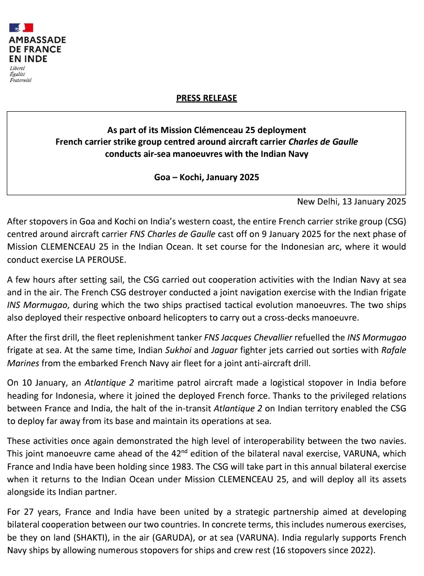 French carrier strike group centred around aircraft carrier Charles de Gaulle conducts air-sea manoeuvres with the Indian Navy: French Statement