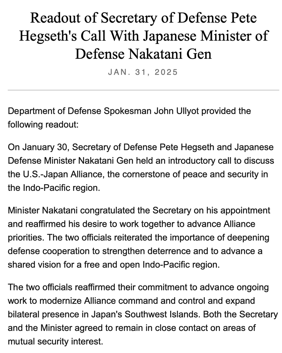 Le secrétaire américain à la Défense s'est entretenu jeudi avec le ministre japonais de la Défense, le général Nakatani.  Les deux responsables ont réitéré l'importance d'approfondir la coopération en matière de défense pour renforcer la dissuasion et faire progresser une vision commune d'une région indo-pacifique libre et ouverte, selon un communiqué américain.