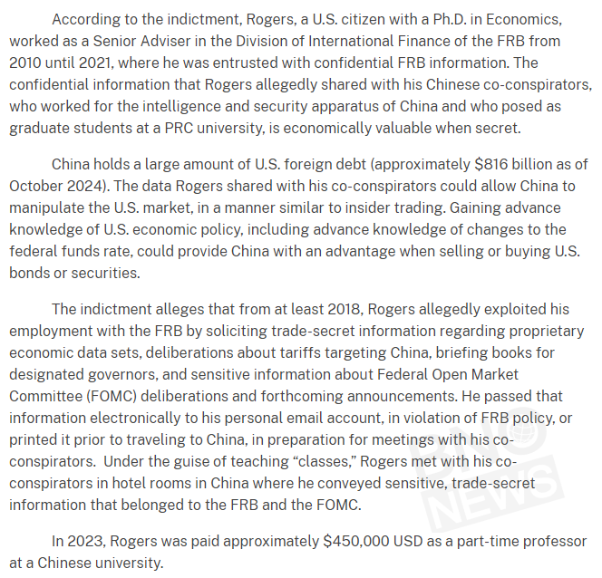 John Rogers, a former Senior Adviser to the Federal Reserve, has been arrested for giving trade secrets to China