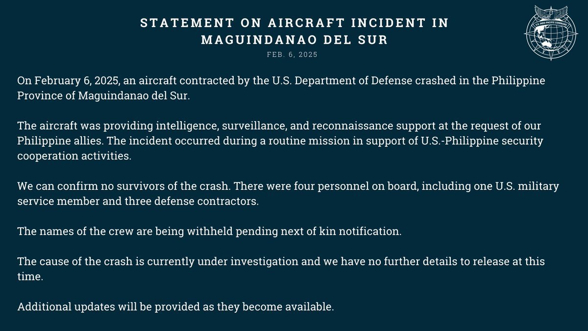 An aircraft contracted by the U.S. DoD has crashed in the Philippines. One service member and three contractors were killed. The cause is being investigated