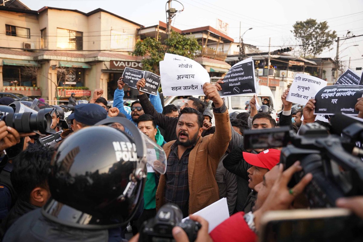 Nepali students protest outside the Indian Embassy in Kathmandu after mistreatment faced by students at KIIT University in Odisha, India. Prakriti Lamsal, a third-year B Tech student from Nepal, died by suicide at the University after facing molestation by a student