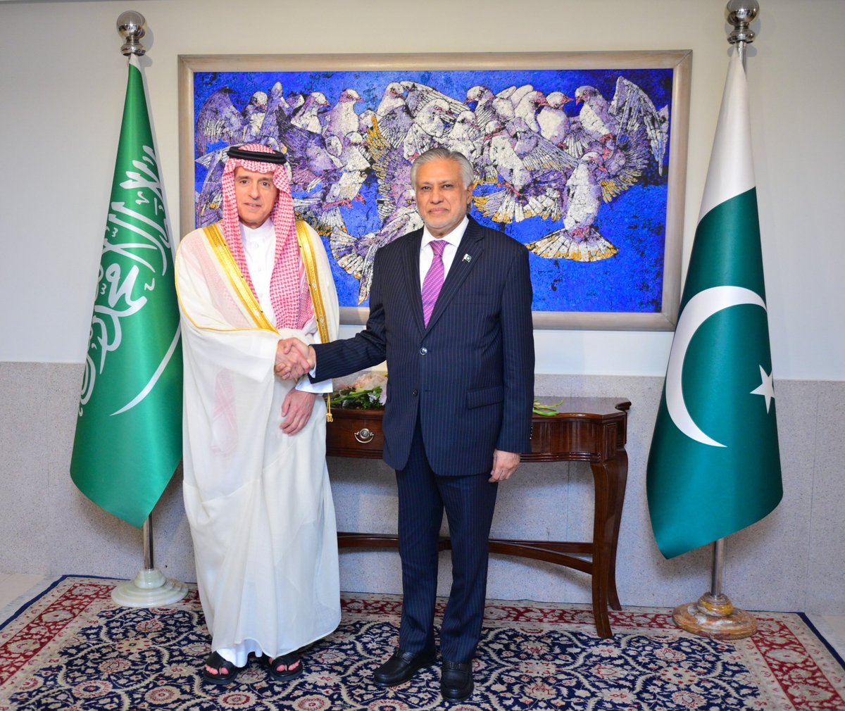 Deputy Prime Minister and Foreign Minister, Senator Mohammad Ishaq Dar 
@MIshaqDar50, today received Saudi Arabia’s Minister of State for Foreign Affairs, Adel Al-Jubeir, at the Ministry of Foreign Affairs, Islamabad