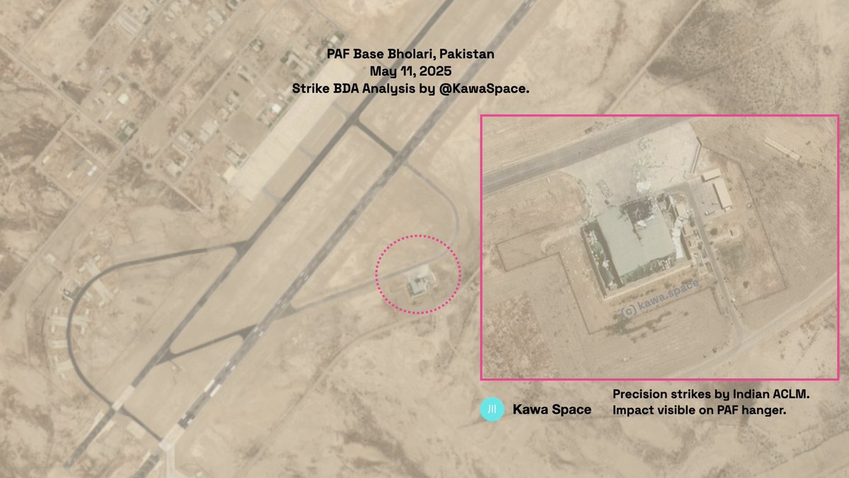 Visible damage at Pakistan’s Bholari Air Base hangar following Indian missile strike just hours before ceasefire. Pakistan Air Force Squadron Leader Usman Yousaf and four airmen were killed in this strike