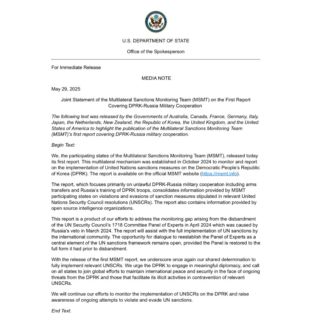 США, Австралія, Канада, Франція, Німеччина, Італія, Японія, Нідерланди, Нова Зеландія та Республіка Корея опублікували спільну заяву щодо публікації першого звіту Групи моніторингу багатосторонніх санкцій щодо військової співпраці між КНДР та Росією.