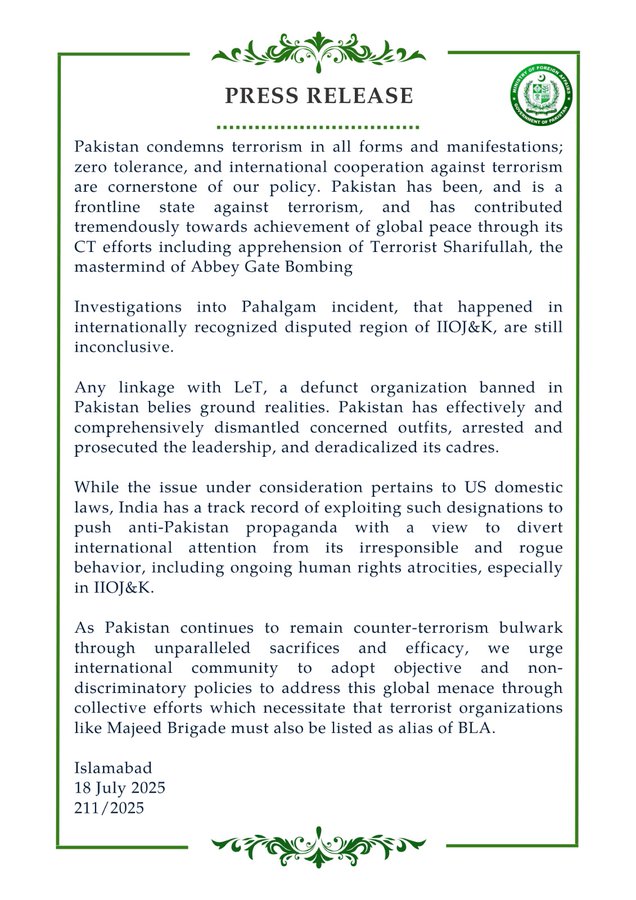 Pakistan criticizes US designation of The Resistance Front as a terror group. India has a track record of exploiting such designations to push anti-Pakistan propaganda, claims the PAK Foreign Ministry