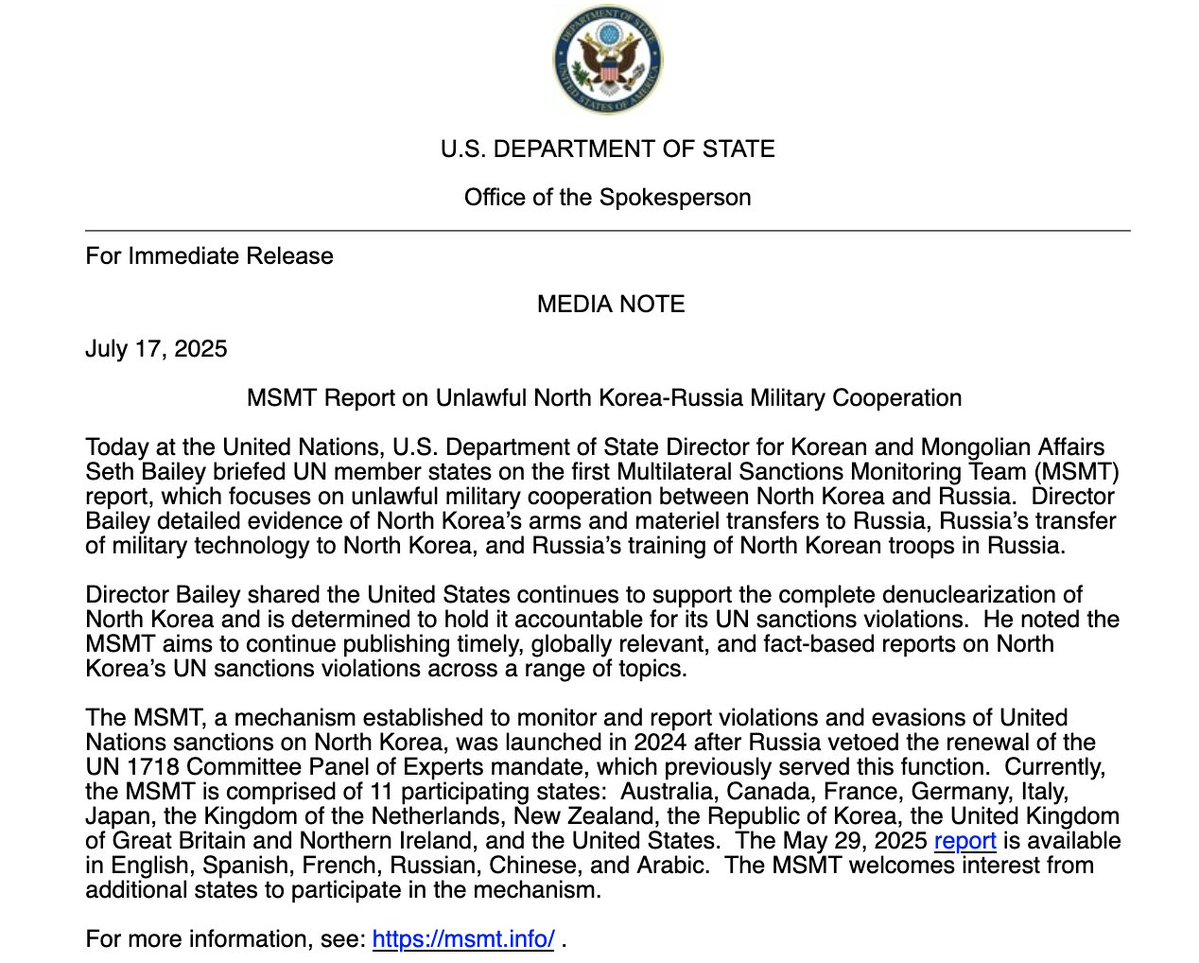 U.S. briefs UN on a reports about unlawful North Korea-Russia military cooperation