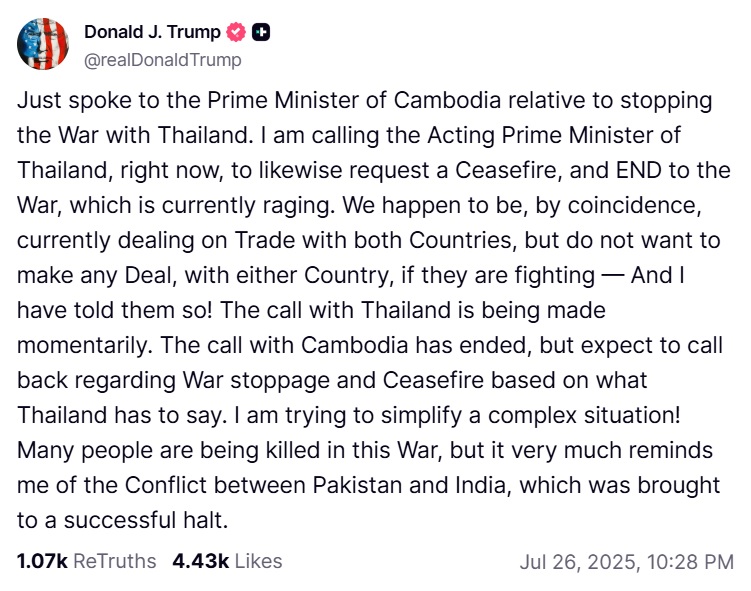 Le président américain Donald Trump a déclaré qu'il intervenait pour aider à mettre fin au conflit armé entre la Thaïlande et le Cambodge, exhortant les deux parties à accepter un cessez-le-feu avant que tout accord commercial ne soit conclu.