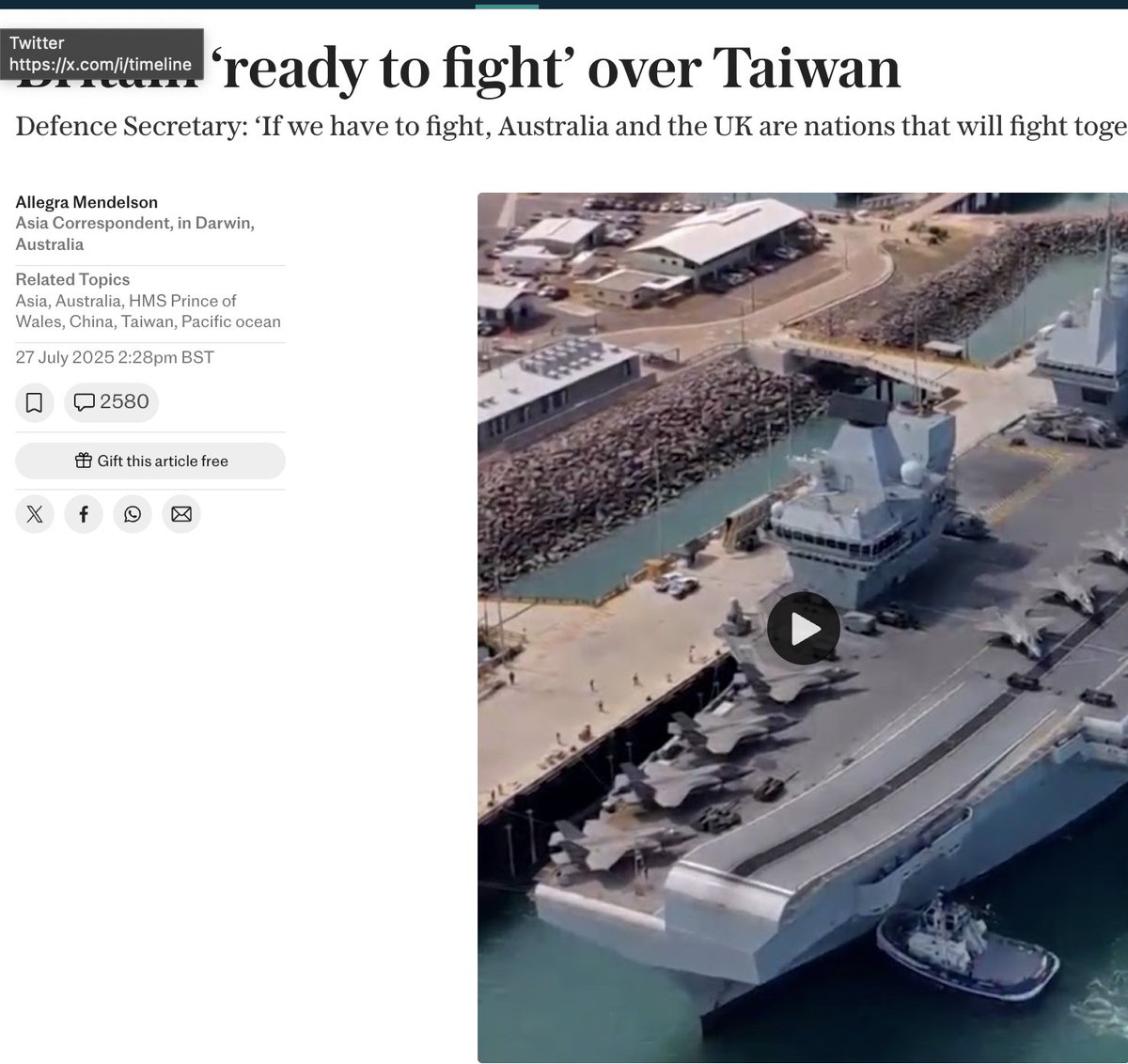 Der britische Verteidigungsminister John Healey erklärte, Großbritannien sei bereit, an der Seite von Verbündeten wie Australien im Pazifik zu kämpfen, „sollte es zu einem Konflikt um Taiwan kommen. Quelle: The Telegraph