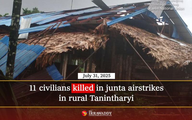 Eleven civilians were killed in junta airstrikes on two rural villages—Zayakseik and Letpanpyin—in Tanintharyi’s Pulaw Township on Saturday, the Karen National Union said Wednesday. A church was also damaged, it said. (Photo: KNU)