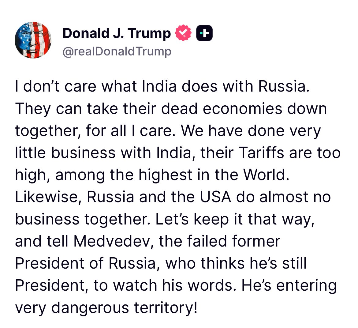 “I don’t care what India does with Russia. They can take their dead economies down together for all I care,” declares U.S. President Donald Trump