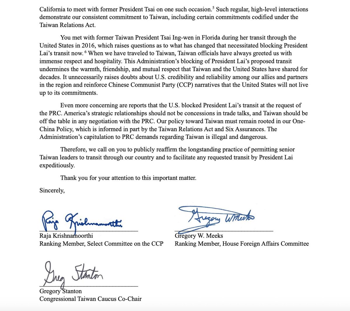 House Democrats urge Rubio to approve transits for Taiwan's President Lai Ching-te, after reports a previous transit was blocked. They call the decision a stark departure from precedent and warned against using Taiwan as a bargaining chip in negotiations with China