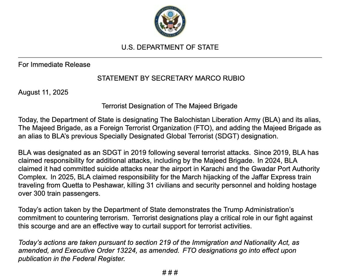 Departament Stanu USA uznaje Armię Wyzwolenia Beludżystanu (BLA) i jej pseudonim Brygada Majeed za zagraniczną organizację terrorystyczną
