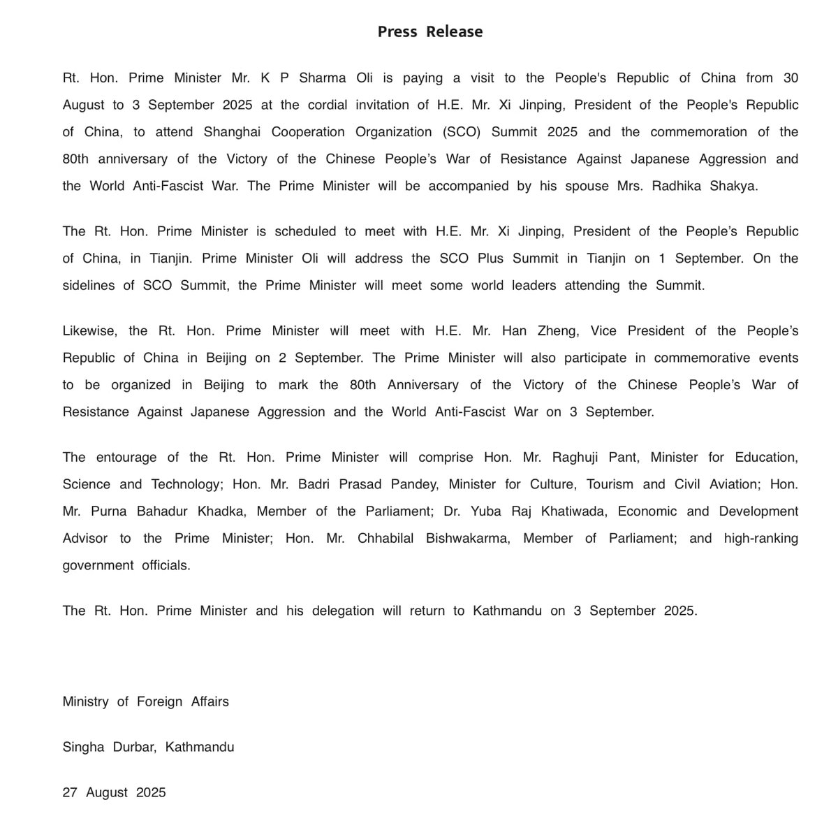 Nepal PM KP Sharma Oli to visit China to attend SCO summit, - Nepal Statement