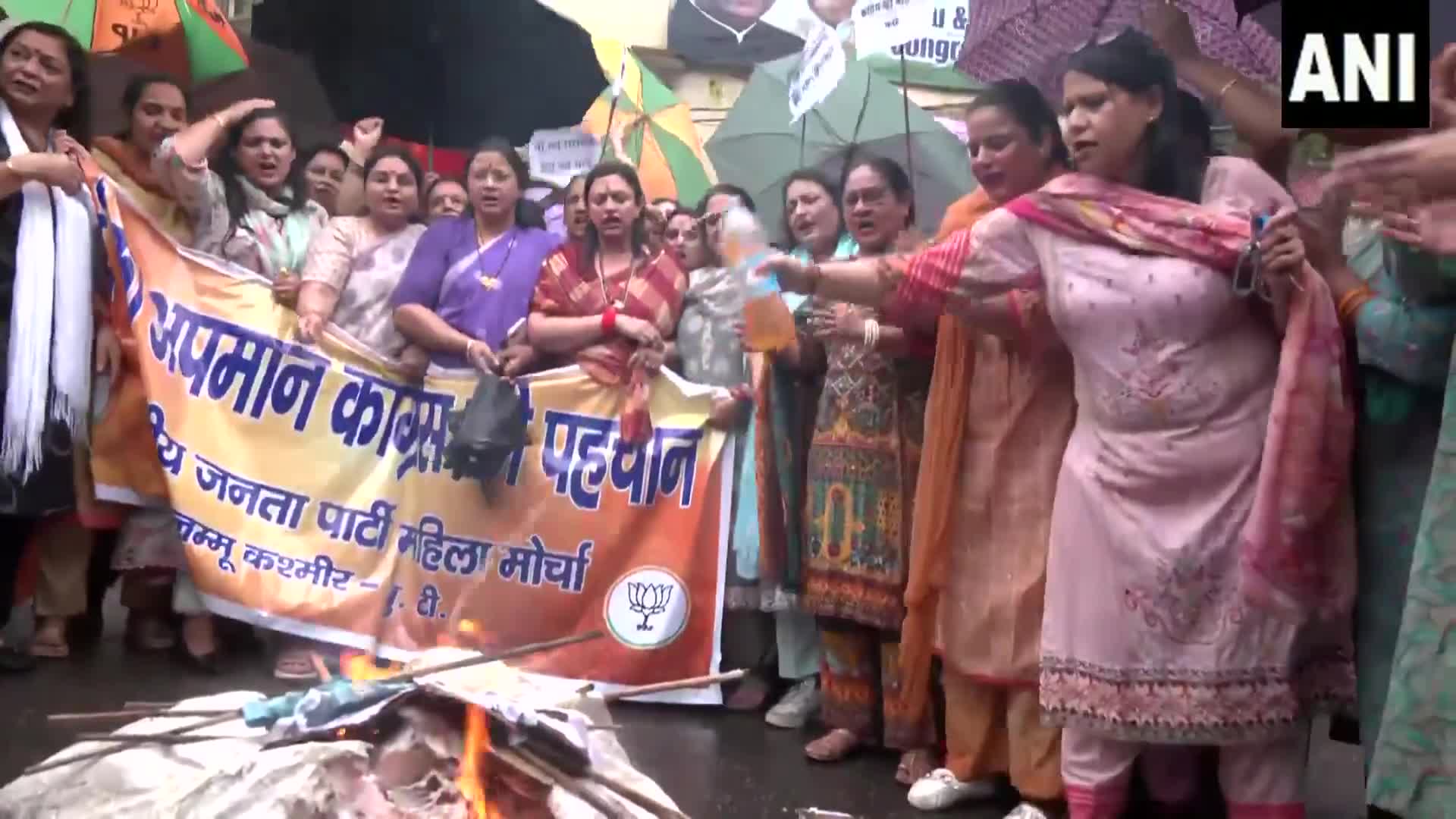 Jammu and Kashmir: BJP Mahila Morcha protests in Jammu over derogatory remarks against PM Narendra Modi and his late mother at a Mahagathbandhan event in Darbhanga, Bihar