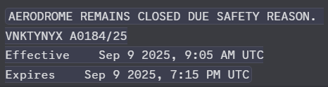 NOTAM issued via Tribhuvan International Airport in Kathmandu, Nepal indicates the airport is not available for flight operations due to safety reasons - this as thousands gather in the city in protest of the government  torching buildings including the parliament