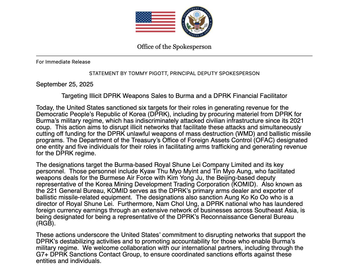 DPRK arms network hit as U.S. sanctions targets supplying Burma's military junta. @USTreasury blacklists 6 individuals and 1 entity for aiding Pyongyang's WMD programs while facilitating weapons deals for Burmese regime accused of indiscriminate civilian attacks, - From Department of the State
