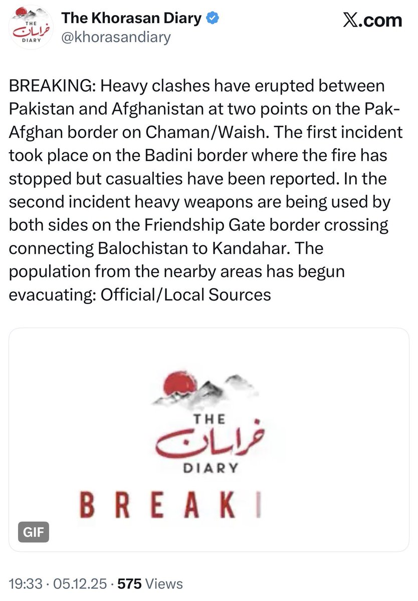 A clash erupted between Pakistani border guards and Taliban forces along the Durand Line in the Spin Boldak district of Kandahar. The Taliban accuse the Pakistani side of provoking the incident by throwing a hand grenade toward Afghanistan side of the Durand Line